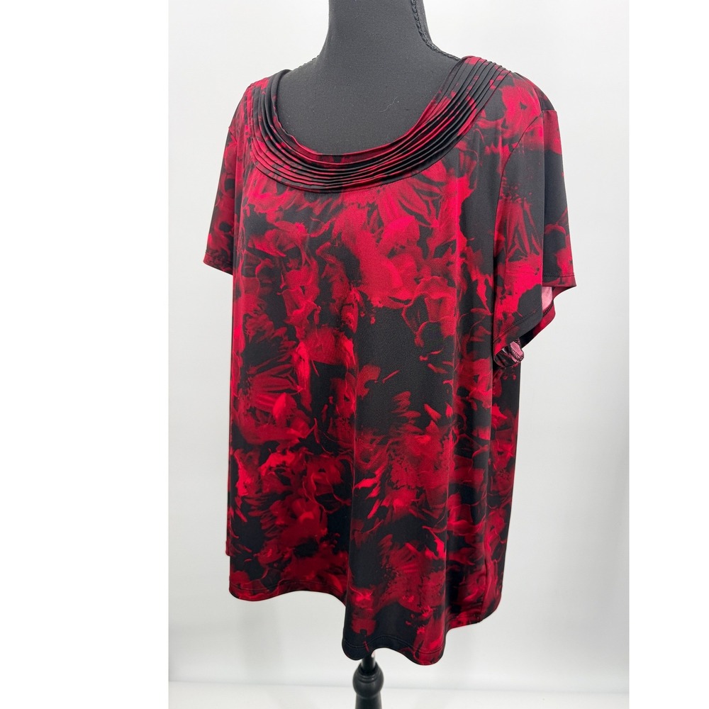 Dana Buchman Blouse Women 2X Red Black Excellent Floral Pleated Scoop Neck